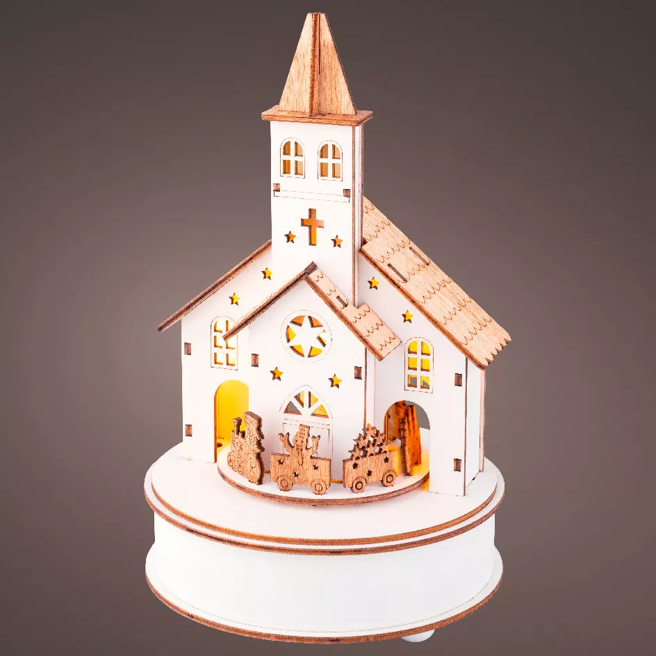 eminza Village de Noël en bois lumineux et musical à piles (H24 cm) Église et train