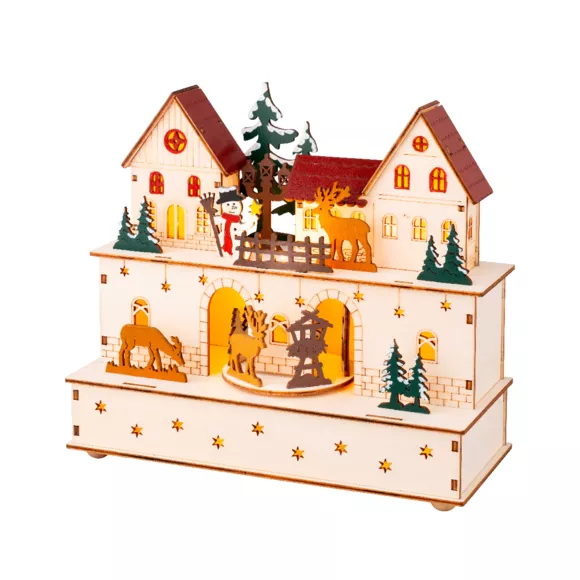 Eminza Village De Noël En Bois Lumineux Et Musical à Piles (24 X H21 Cm) Village Et Animaux
