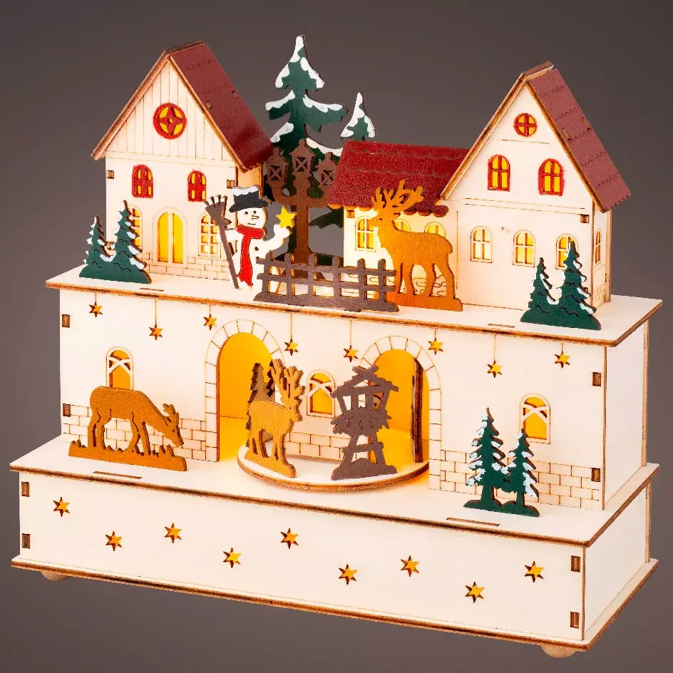 eminza Village de Noël en bois lumineux et musical à piles (24 x H21 cm) Village et animaux