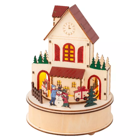 Eminza Village De Noël En Bois Lumineux Et Musical à Piles (H20 Cm) Maison Joyeuse Colorée