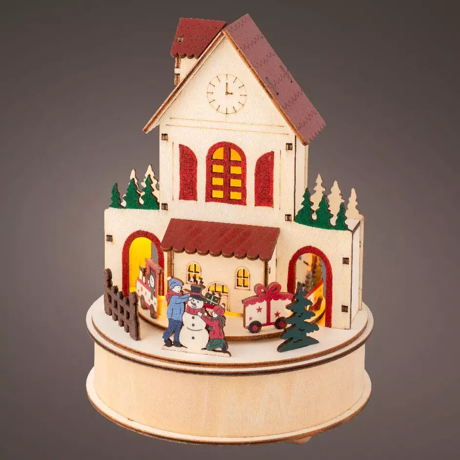 eminza Village de Noël en bois lumineux et musical à piles (H20 cm) Maison joyeuse Colorée