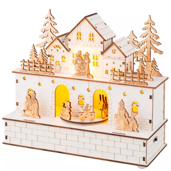 Eminza Village De Noël En Bois Lumineux Et Musical à Piles (21 X H24 Cm) Villageois En Fête