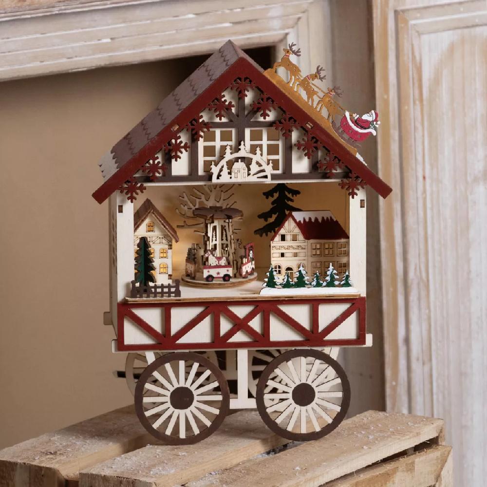 eminza Village de Noël en bois lumineux et musical à piles (20 x H27 cm) Charriot et village