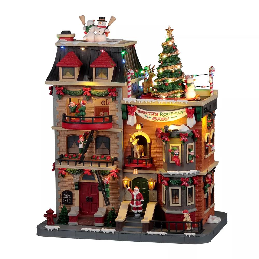 eminza Village de Noël Lemax lumineux musical et animé Fête du Père Noël sur les toits