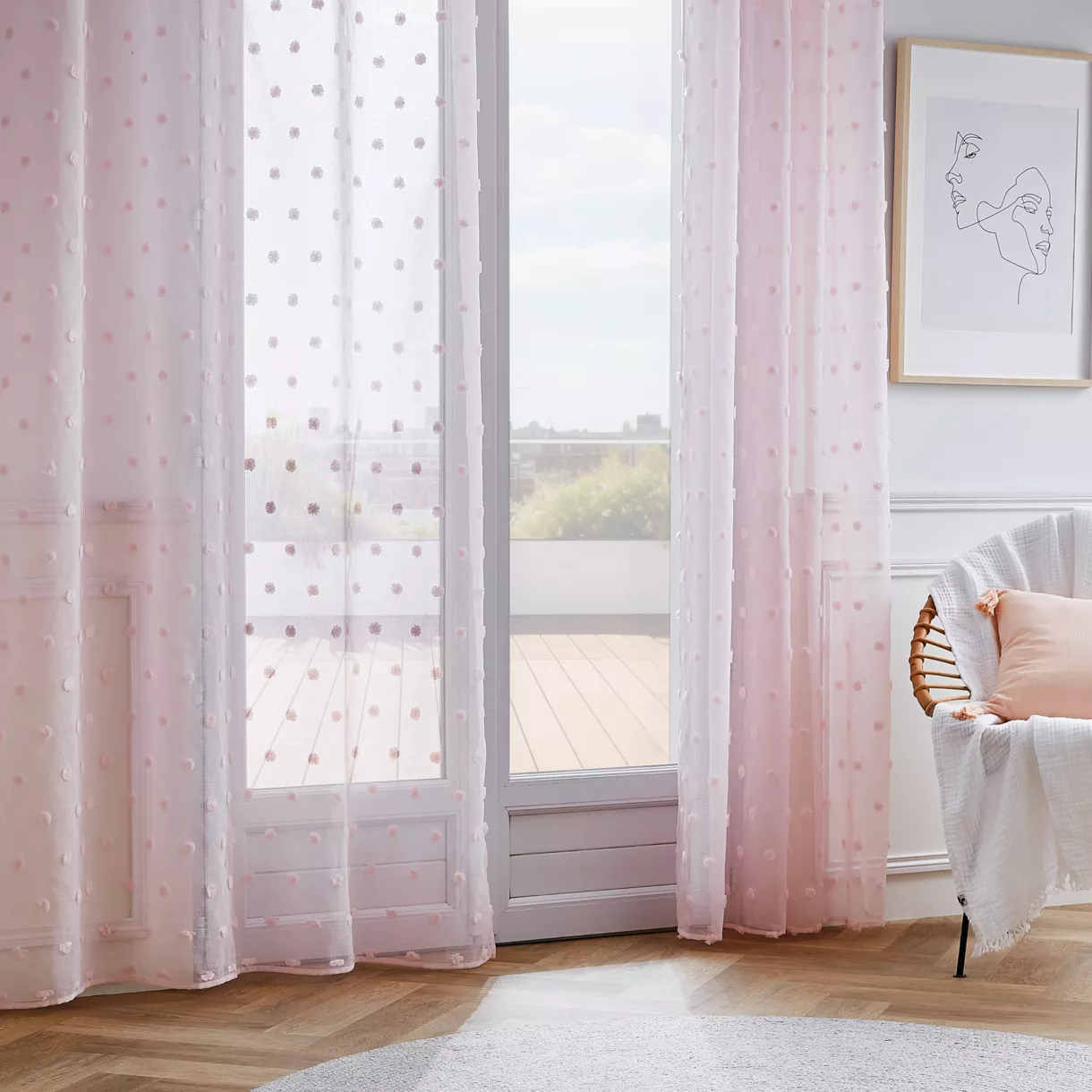eminza Voilage oeillets pompons (140 x 240 cm) Emie Rose