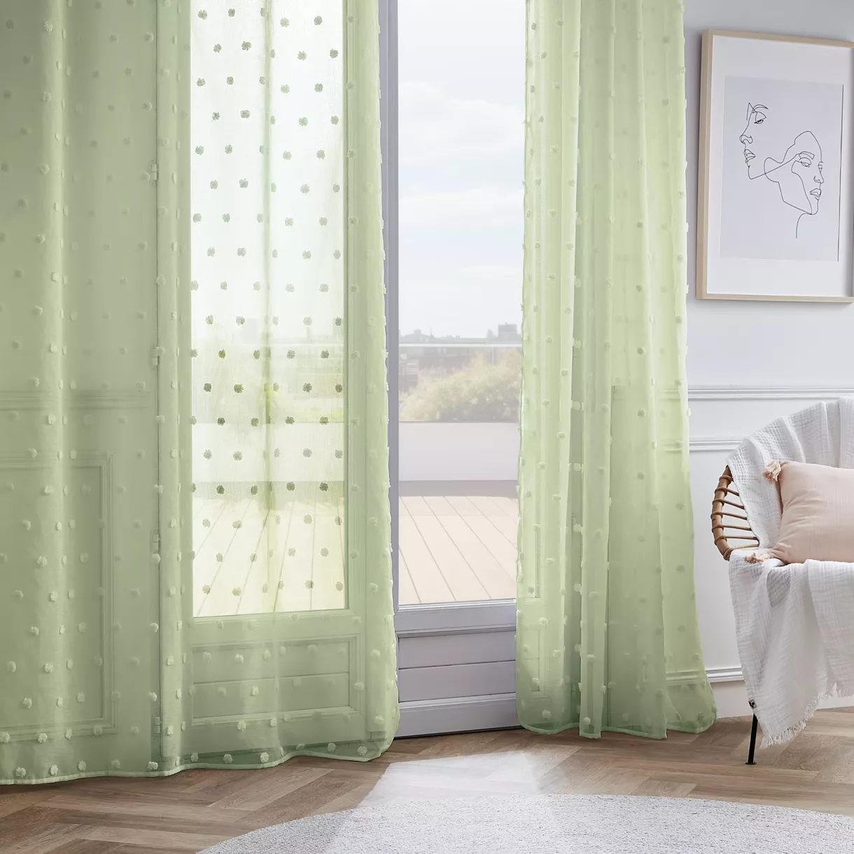 eminza Voilage oeillets pompons (140 x 240 cm) Emie Vert d'eau