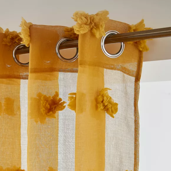Eminza Voilage Oeillets Pompons (140 X 280 Cm) Suzie Jaune Moutarde
