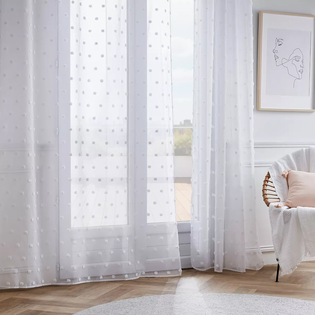 eminza Voilage oeillets pompons (180 x 240 cm) Emie Blanc