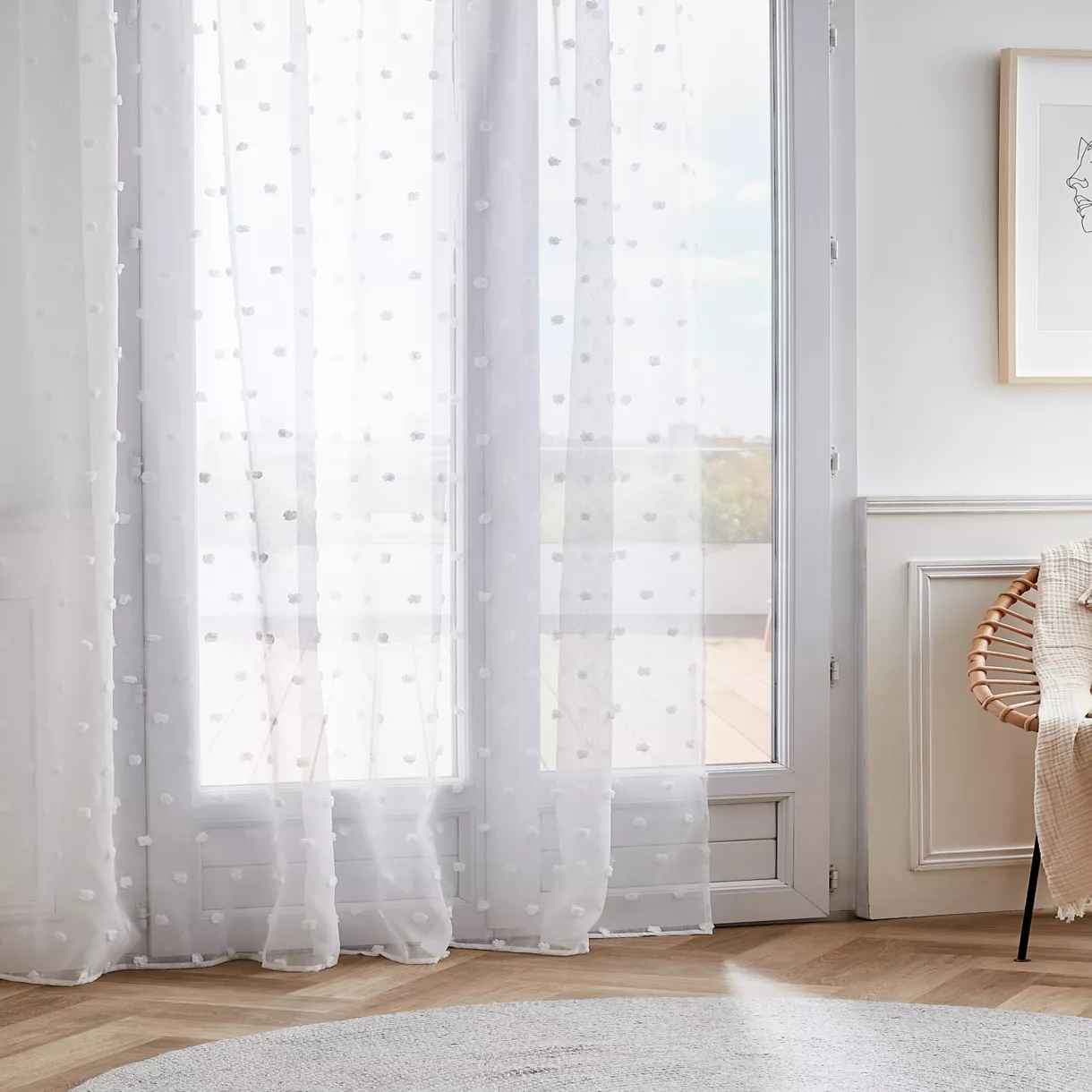 eminza Voilage oeillets pompons (280 x 240 cm) Emie Blanc
