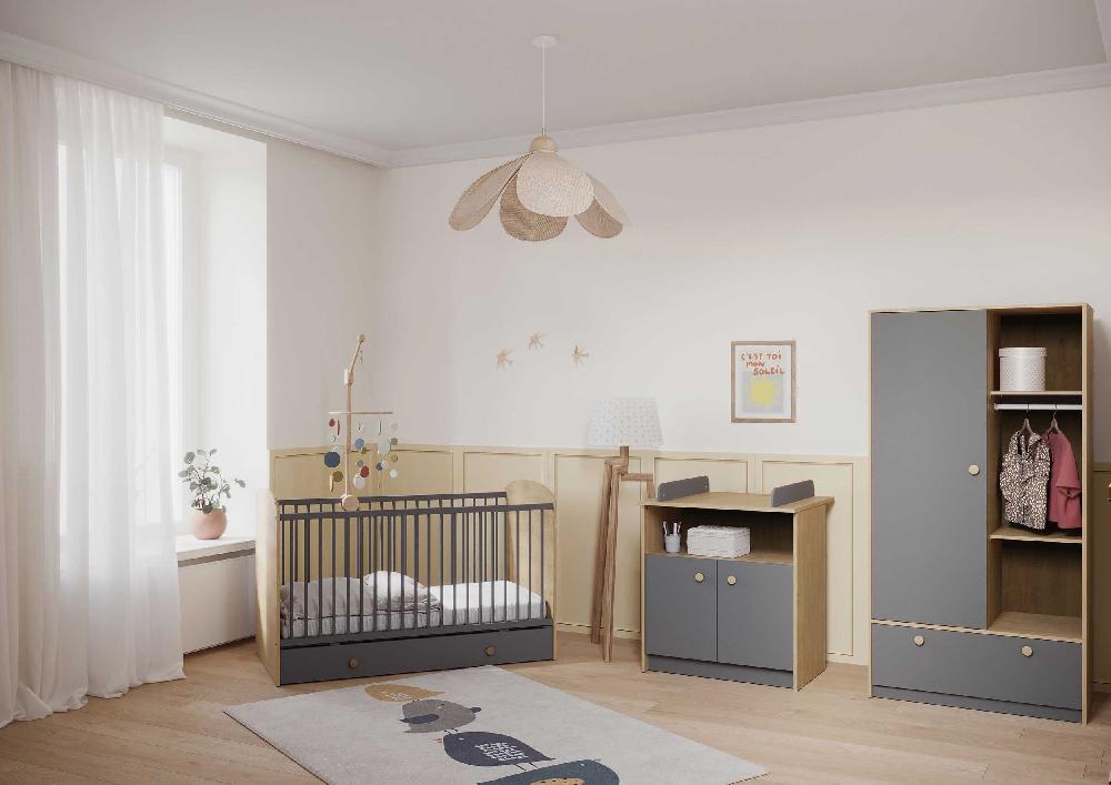 Emob Babybed Gamin - 60x120cm - Hoogte Verstelbaar - Eikdecor/donkergrijs