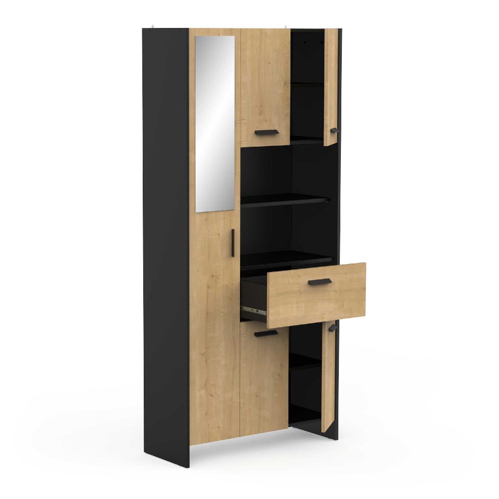 Emob Badkamerkast Marlin - 83x33x185cm - 5 Deuren 1 Lade & Spiegel - Eikdecor/zwart