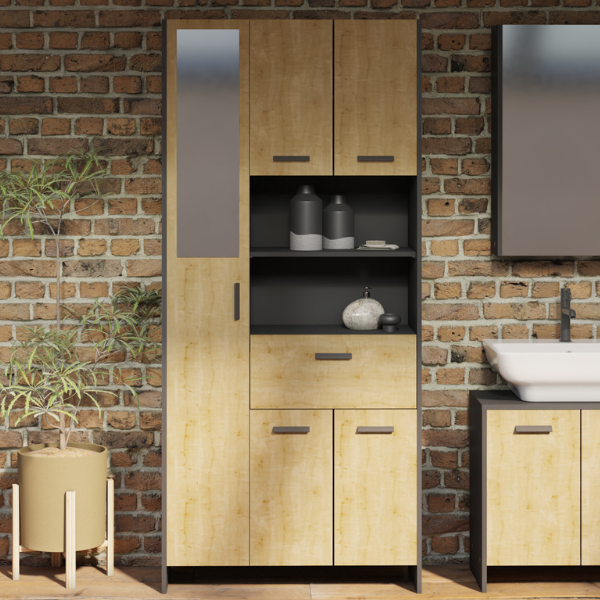 emob Badkamerkast Marlin - 83x33x185cm - 5 deuren 1 lade & spiegel - eikdecor/zwart