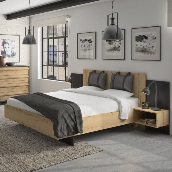 Emob Bed Marzano 140x200cm Met Twee Nachttafeltjes - Helvezia Eik