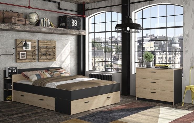 Emob Bed Met Opbergruimte Eveline 140x190 - Zwart/kastanjehout