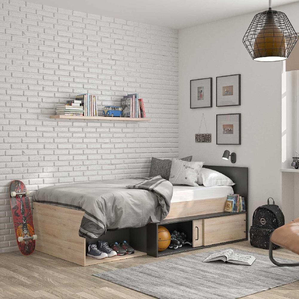 emob Bed met opbergruimte Quinten 90x200 - lichte Kronberg eik/zwart