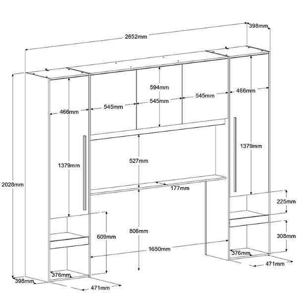 Emob Bedbrug Ponte 265cm Met Twee Nachttafeltjes En LED-verlichting - Eikdecor/zwart
