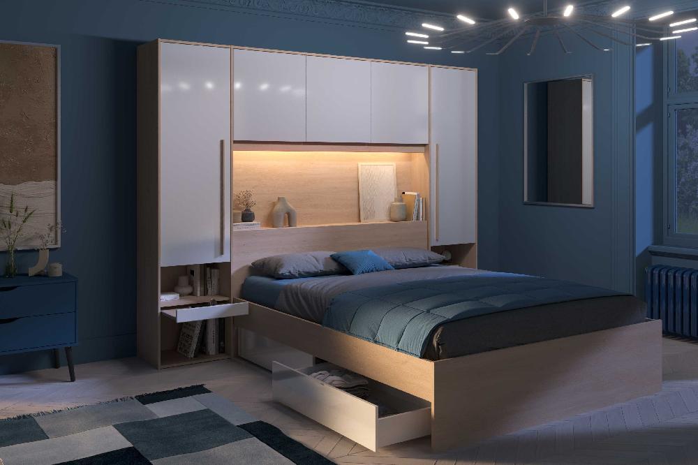 Emob Bedbrug Ponte 265cm Met Twee Nachttafeltjes En LED-verlichting - Hoogglans Wit/eikdecor