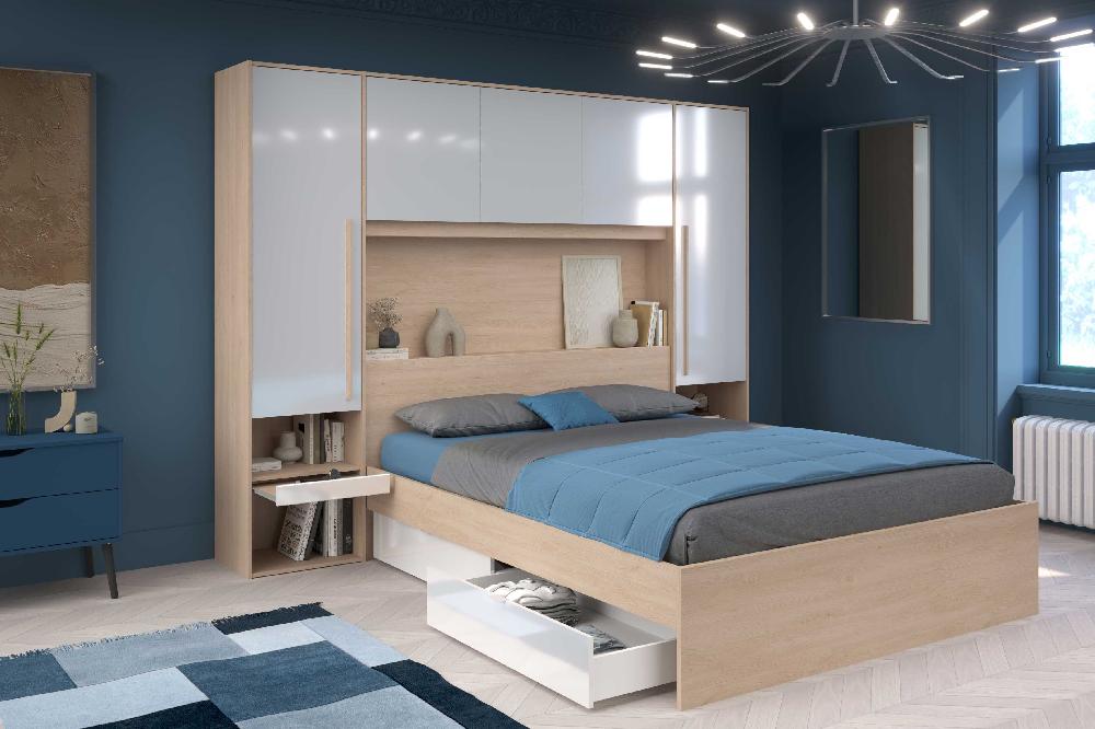 Emob Bedbrug Ponte 265cm Met Twee Nachttafeltjes En LED-verlichting - Hoogglans Wit/eikdecor