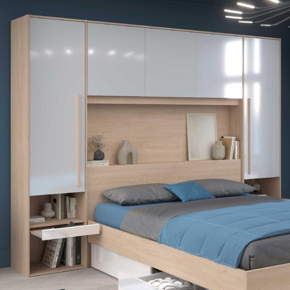 emob Bedbrug Ponte 265cm met twee nachttafeltjes en LED-verlichting - hoogglans wit/eikdecor