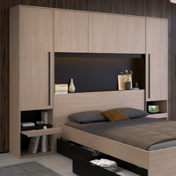 emob Bedbrug Ponte 265cm met twee nachttafeltjes en LED-verlichting - eikdecor/zwart