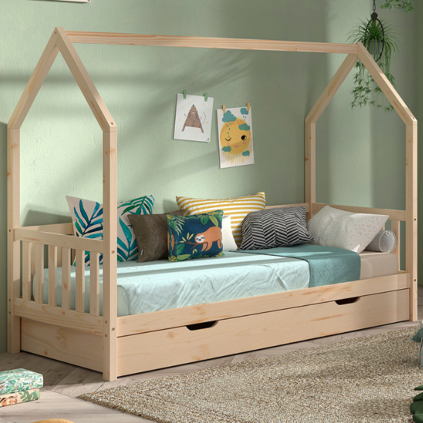 emob Bedhuisje Home - 90x200 cm - met hekje - met bedlade - dennenhout