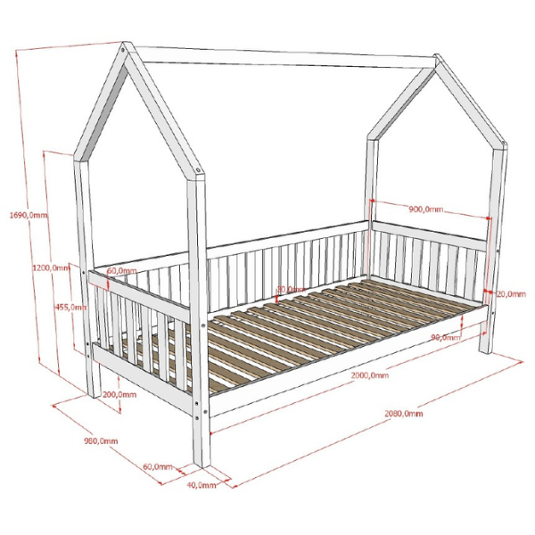 Emob Bedhuisje Home - 90x200 Cm - Met Hekje - Met Bedlade - Wit Dennenhout