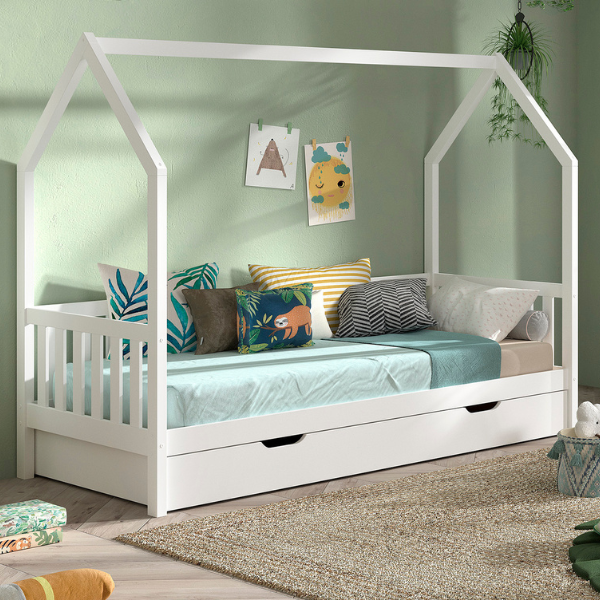 emob Bedhuisje Home - 90x200 cm - met hekje - met bedlade - wit dennenhout