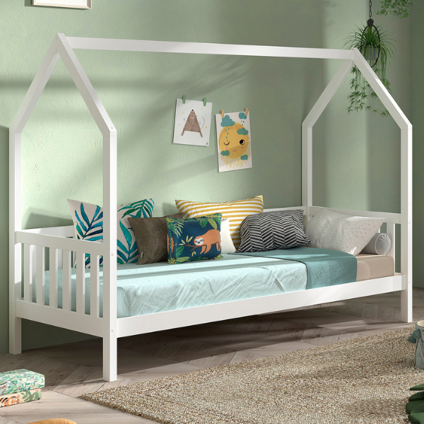 emob Bedhuisje Home - 90x200 cm - met hekje - wit dennenhout