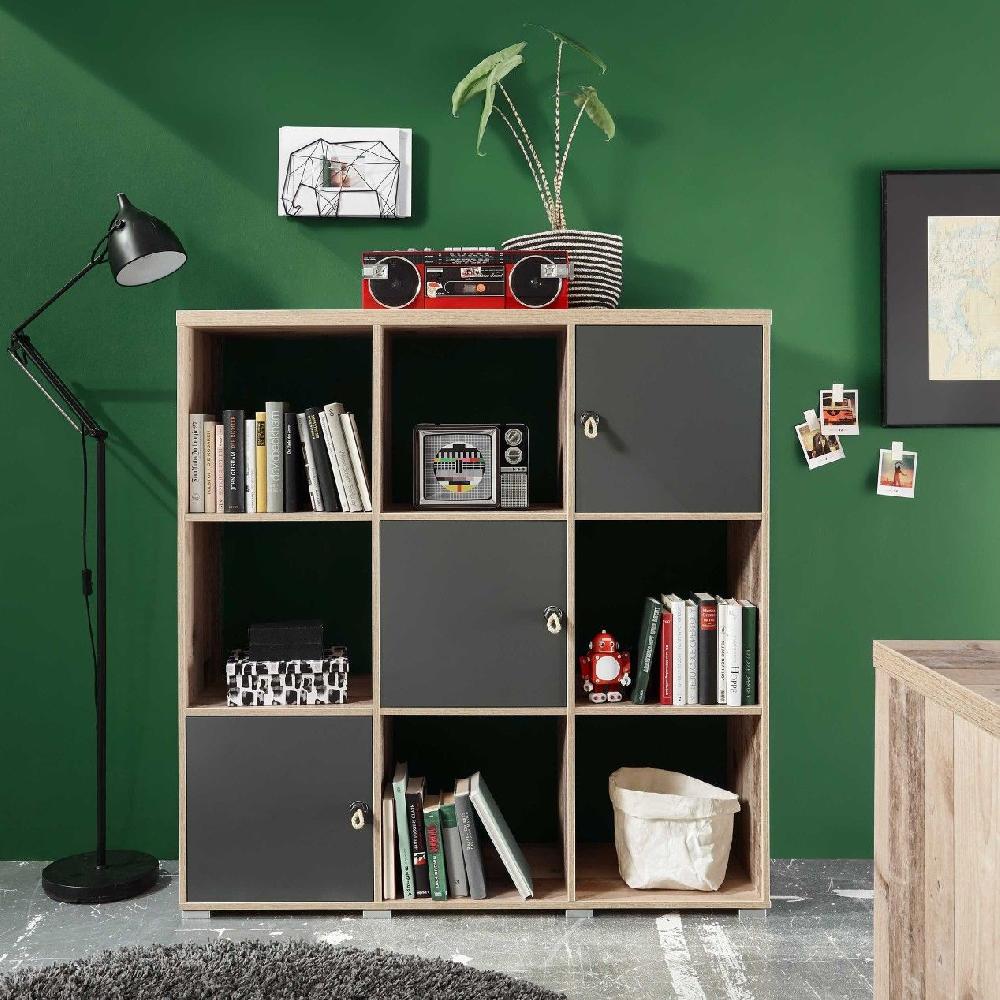 emob Boekenkast Moleskin met 3 deuren - antraciet/old style