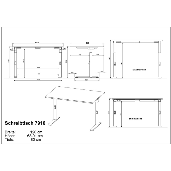 Emob Bureau Cornel - 120x80x91cm - Verstelbaar - Lichtgrijs/zwart