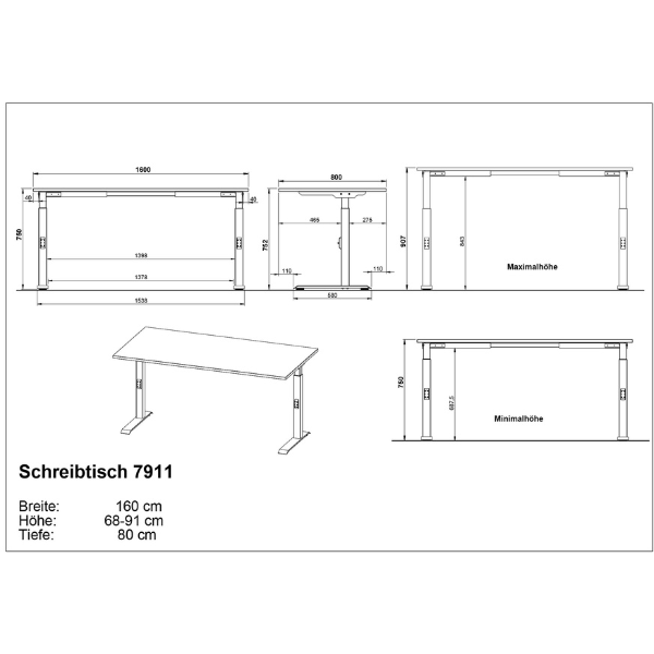 Emob Bureau Cornel - 160x80x91cm - Verstelbaar - Lichtgrijs/zwart