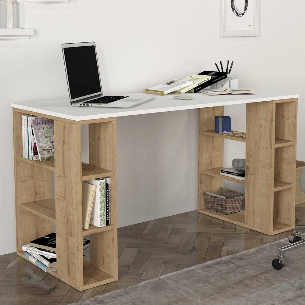 emob Bureau Leonardo - 140x60x75cm - met opbergruimte - wit/eikdecor
