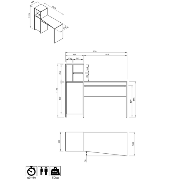 Emob Bureau Michelle 4 Open Vakken 1 Draaideur En 1 Legplank-lichte Eik/zwart