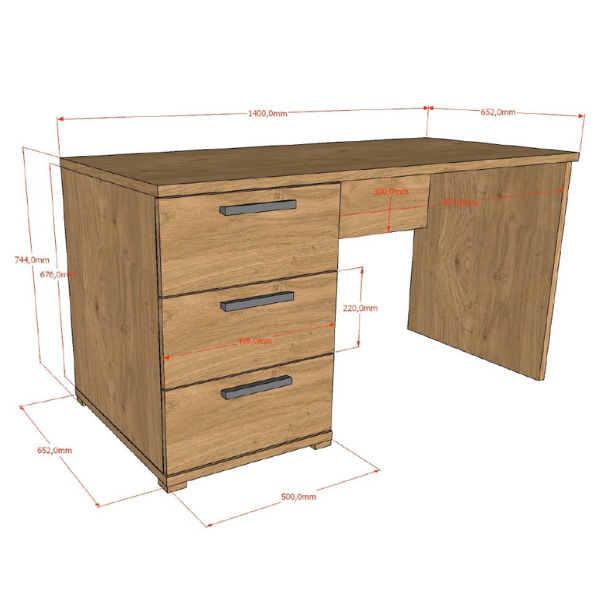 Emob Bureau Sammie - 140x65x74cm - Met Drie Lades - Eikdecor