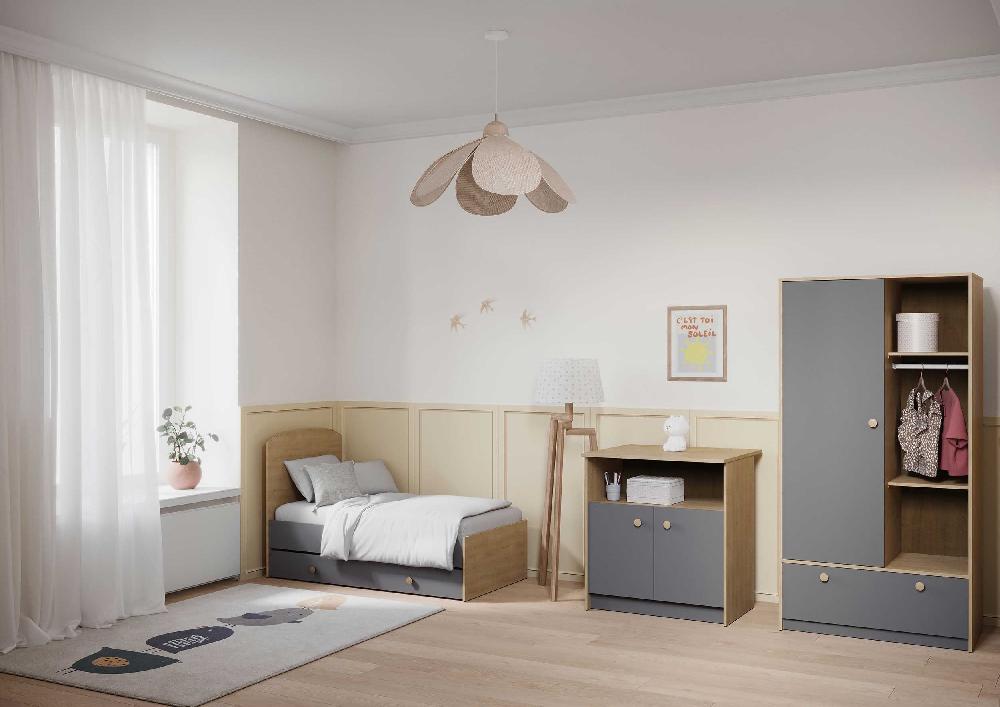 Emob Commode Gamin - Met Verzorgingstafel - 2 Deuren - Eikdecor/donkergrijs