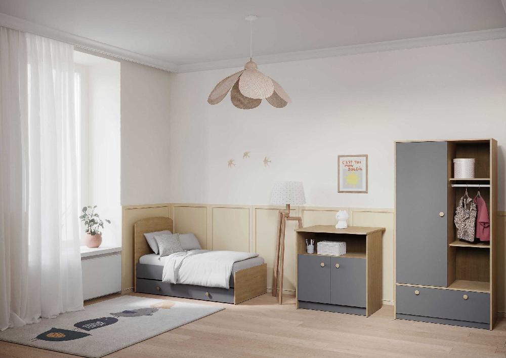 Emob Commode Gamin - Met Verzorgingstafel - 2 Deuren - Eikdecor/donkergrijs