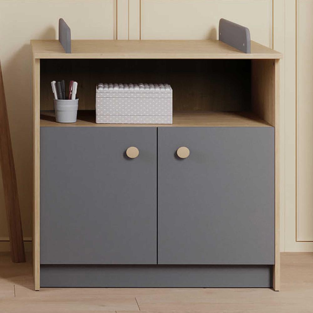 emob Commode Gamin - met verzorgingstafel - 2 deuren - eikdecor/donkergrijs