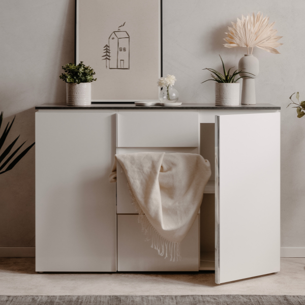 Emob Dressoir Bresse - 133x40x92cm - 2 Deuren & 3 Lades - Hoogglans Wit/antraciet