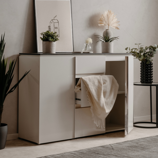 Emob Dressoir Bresse - 133x40x92cm - 2 Deuren & 3 Lades - Hoogglans Wit/antraciet