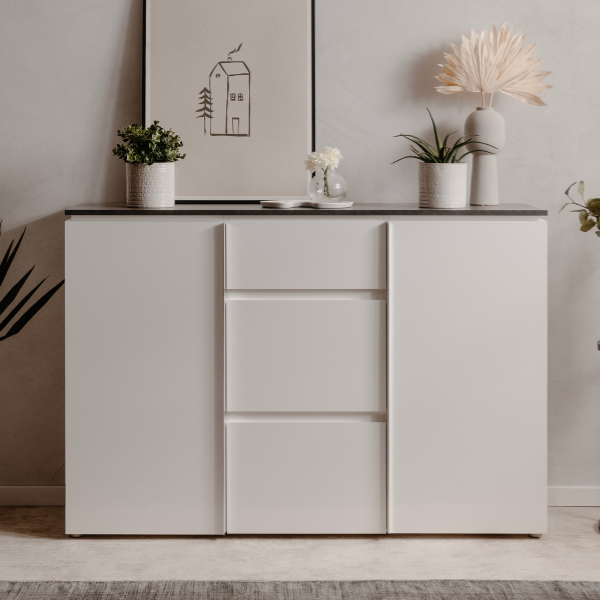 emob Dressoir Bresse - 133x40x92cm - 2 deuren & 3 lades - hoogglans wit/antraciet