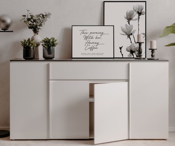 Emob Dressoir Bresse - 177x40x92cm - 4 Deuren & 1 Lade - Hoogglans Wit/antraciet