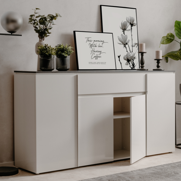 Emob Dressoir Bresse - 177x40x92cm - 4 Deuren & 1 Lade - Hoogglans Wit/antraciet