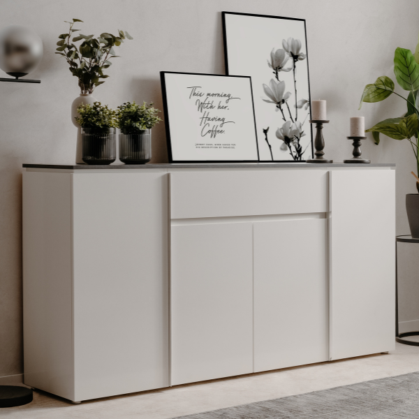 emob Dressoir Bresse - 177x40x92cm - 4 deuren & 1 lade - hoogglans wit/antraciet