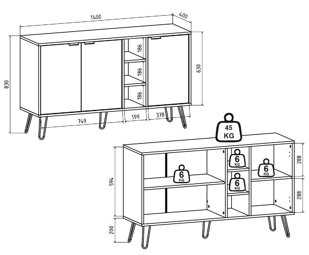 Emob Dressoir Dorel - 140x40x83cm - Drie Deuren - Eikdecor