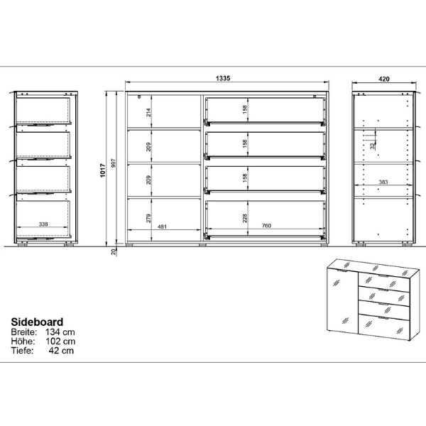 Emob Dressoir Dudek Met 1 Deur & 4 Lades - Fronten In Glas - Beige