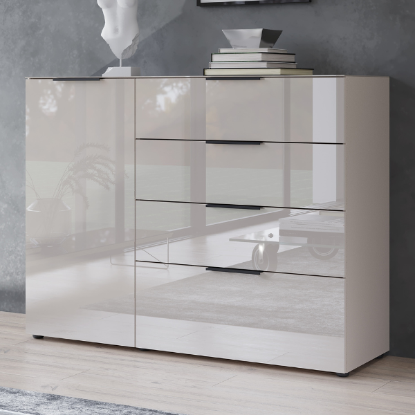 emob Dressoir Dudek met 1 deur & 4 lades - fronten in glas - beige