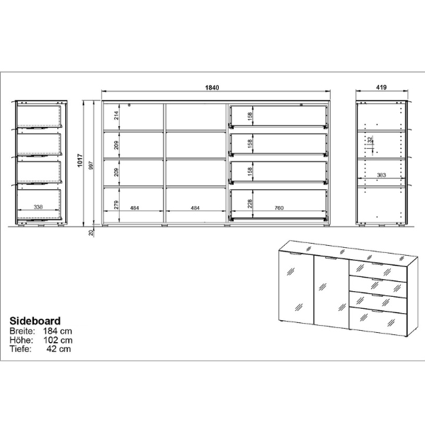 Emob Dressoir Dudek Met 2 Deuren & 4 Lades - Fronten In Glas - Beige