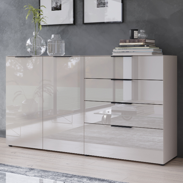 emob Dressoir Dudek met 2 deuren & 4 lades - fronten in glas - beige