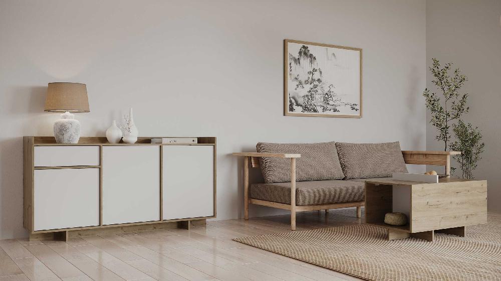 Emob Dressoir Leda - 157x36x82cm - 3 Deuren & 1 Lade - Wit/eikdecor