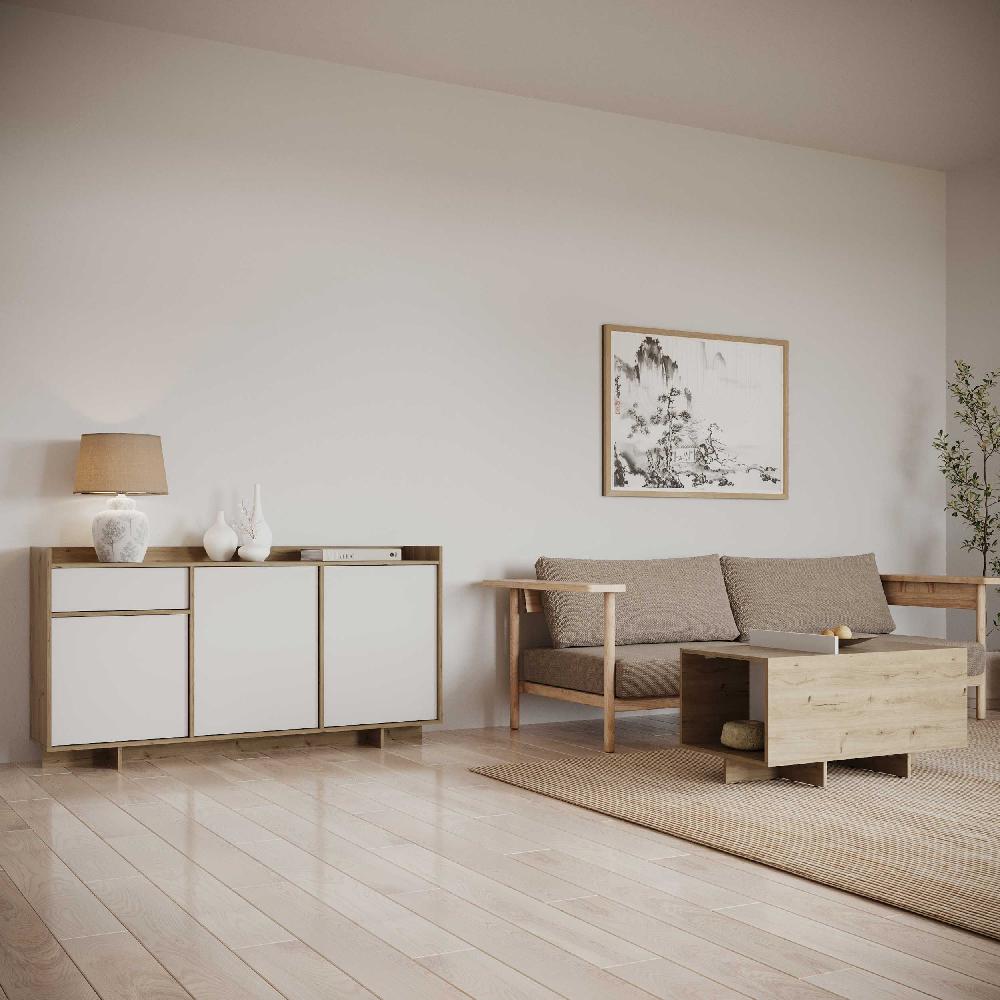 Emob Dressoir Leda - 157x36x82cm - 3 Deuren & 1 Lade - Wit/eikdecor
